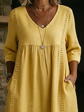  Femmes Robe Midi Robes effet lin Robe d'Été Robe trapèze Robe d'été Vacances Fête Basique Quotidien Bureau Plage Coupe Ample Uni Demi Manches Col en V Bleu Ciel Noir Olive verte Jaune Été Printemps