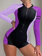 ieftine Rash guards One Piece-Pentru femei Bariere Iritatie Costum de baie Boyleg Geometric Blocarea culorilor Inchide fermuarul Pernițe Detașabile Fermoar Față UPF50+ Uscare rapidă Elastic Manșon Lung Costume de Baie Salopetă