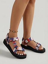  rødblå damesandaler med justerbare stropper og amerikansk flagg – lette strandsandaler for ferie, festival og hverdagsbruk
