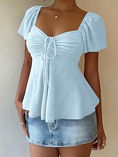 abordables T-shirt uni-Femmes Chemisier Cordon de serrage Œillet Couleur Unie Élégant Sexy Occasionnel Manche Courte Col carré Hauts Réguliers Quotidien Noir Blanche Jaune Rose Claire Bleu Ciel Été Printemps