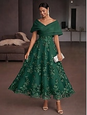abordables Vestidos de cóctel-Corte A Vestido Midi Vestidos de coctel Elegante Vintage Floral Manga Corta Hombros Caídos Fiesta de jardin Boda Organdí Tul Espalda desnuda con Estampado flor Flor bordada Plisado