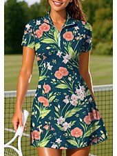 お買い得  女性のドレス-女性用 植物 花 テニスドレス スポーツドレス 半袖 ジッパー プリント 高通気性 テニス ゴルフ バドミントン カラー ポロカラー ドレス 青と白 ブラック ダークブルー テニスウェア