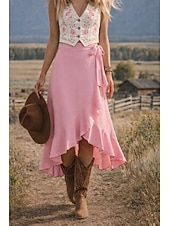 voordelige Vakantierokken-Dames Vakantierok Elegant Modieus Casual Midi Medium taille Rokken Effen Met ruches Onregelmatige zoom Inelastisch Dagelijks Straat Zwart Blozend Roze Leger Groen Rood Zomer