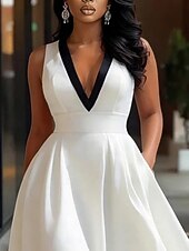 halpa Yksinkertainen mekko-Naisten Midimekko A linjainen mekko Tyylikäs Juhla cocktail ulko- Juhla Häät Tilkkutäkki Tasku Normaali Yhtenäinen väri Hihaton V kaula-aukko Valkoinen