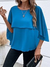 baratos Blusas Simples-Mulheres Blusa Franzido Côr Sólida à moda Básico Casual Manga 3/4 Gola Redonda Tops regulares Diário Azul Preto Rosa Vermelho Camelo Verão Primavera Outono
