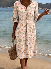 abordables Vestidos florales-Mujer Vestido Midi Vestido de verano Vestido informal Vestido de una línea Elegante Vacaciones Playa Festivos Ajuste regular Floral Graphic Manga Corta Escote en Pico Azul Piscina Amarillo Naranja