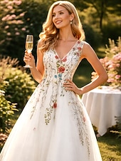 cheap Long Dresses &amp; Gowns-A-Line Floor Length Prom Dresses Floral White Sleeveless V Neck Valentine's Day Wedding Guest Lace Tulle with Embroidery Appliques