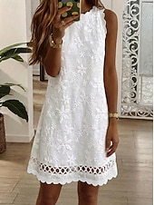  Dam Kort miniklänning Boho-klänning Spetsklänning Solklänning Vit klänning Elegant Mode Dagligen Strand Normal Blommig Ärmlös Rund hals Vit Sommar Vår