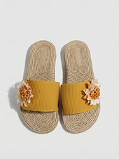 ieftine Sandale tip slide-Sandale galbene pentru femei cu imprimeu floral și frânghie împletită - sandale de plajă plate și confortabile, cu detalii de floarea soarelui, pentru vacanțe de vară, escapade pe insulă &amp;ținute
