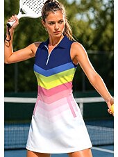 baratos Vestido Feminino-Mulheres Riscas Cor de contraste Vestido de tênis Vestido esportivo Sem Manga Imprimir Respirável Tênis Golfe Badminton Colarinho polo Gola com zíper Vestidos Azul Marinho Escuro Roupas de tênis