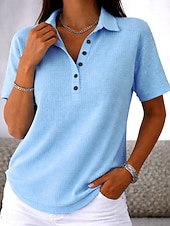 Túnica Waffle Feminina Botões Sólido Cor Simples Vintage Estilosa Clássica Manga Curta Gola Virada Tamanhos Regulares Diários Branco Rosa Azul Claro Verão Primavera