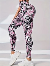 abordables Leggings y mallas de yoga-Women's Pilates Pants Yoga Pants Ruched Butt Lifting High Waist Gym Workout Running Fitness Leggings Skull Floral Botanical Pink Sports Activewear
