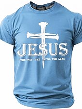  Jesus Cross The Way Truth Life Men's Religious Christian Spiritual T Shirt Graphic Crew Neck Short Sleeve Church Worship Gift for Believers Designer Clothing Apparel