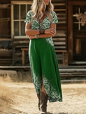 お買い得  エスニックボヘミアンドレス-女性用 マキシドレス 自由奔放に生きるドレス カジュアルドレス A ラインドレス プリントドレス ヴィンテージ アウトドア バケーション 週末 ルーズフィット グラフィック 半袖 Ｖネック ブラック イエロー ライトグリーン ピンク 夏 春