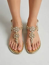 cheap Flat Sandals-Women's Gold Crystal Flat Sandals, Open Toe T-Strap Evening Dress Shoes for Resort Dinner, Vacation &amp; Summer Evening Events