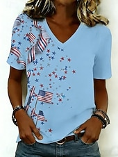  Amerikansk uavhengighetsdag Dame T skjorte Trykt mønster Grafisk Flagg Årgang Stilfull Klassisk Kortermet V-hals Vanlige topper Daglig Blå Lys beige Hvit Lyseblå Sommer Vår
