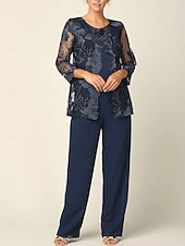 cheap Mom's Pant Suits-Jumpsuit Pantsuit 3 Piece Floor Length Mother of the Bride Dress Long Sleeve Crew Neck Elegant Formal Wedding Guest Chiffon Wrap Included with Lace Embroidery