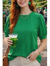  San Patrizio Per donna Maglietta Taglio Tinta unica Elegante Moda Casual Mezza Manica Manica a Lanterna Girocollo Top Regolari Quotidiano Uscire Weekend Verde Estate Primavera