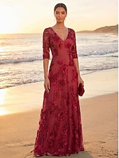 preiswerte Bodenlänge-A-Linie Kleid Bodenlang Partykleid Cocktailkleid Brautmutterkleid Halbarm V Ausschnitt Elegant Vintage luxuriös Formell Hochzeitsgast Kentucky Derby Spitze Tüll mit Stickerei Blume