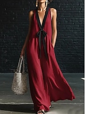 baratos Vestidos-Mulheres Vestido Longo Vestidos com toque de linho Vestidos Para o Verão Vestido A Line Vestido de verão Casual Diário Festa Feriado Ajuste Largo Tecido Sem Manga Decote V Azul Amarelo Claro Branco