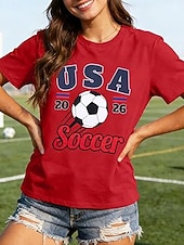  Mujer Camiseta Estampado Graphic Equipo de fútbol Elegante Clásico Casual Manga Corta Cuello Barco Escote Redondo Tops regulares Casual Diario Blanco Rojo Verano Primavera