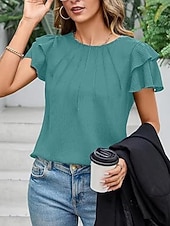 voordelige Effen t-shirt-Dames T-shirt Met ruches Effen Elegant Modieus Stijlvol Korte mouw Strakke ronde hals Normale tops Dagelijks Uitgaan Weekend Zwart Wit Marineblauw Groen Abrikoos Zomer Lente