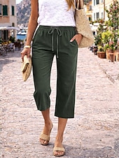 billige Luksuriøse bukser-Dame Capri-bukser Linbukser i bomull kinesisk Sommershorts Ferie Grunnleggende Fritid Kalv lengde Høy Midje عادي Lomme Elastisk midje comfy Komfort Myk Elastisk Daglig utendørs Gate Marineblå Vin