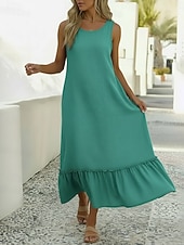 cheap Luxury Dresses-Women's Midi Dress Cotton Linen Dress Elegant Vintage Daily Vacation Loose Fit Plain Sleeveless Crew Neck Turquoise Summer