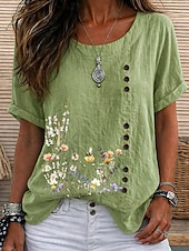 baratos Camiseta floral-Women's Blouse Buttons Floral Graphic Elegant Vintage Daily Short Sleeve Crew Neck Regular Tops Casual Daily Holiday Blue Grass Green White Yellow Pink Summer Spring