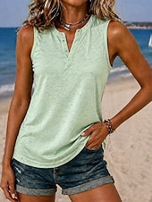  Mujer Camisa Blusa con textura Tops de verano Plano Elegante Clásico Sin Mangas Escote en Pico Henley Tops regulares Casual Blanco Verde Claro Púrpula Claro Azul claro Verano Primavera