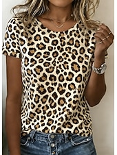 ieftine Tricou cu animale-Pentru femei Tricou Imprimeu Grafic Animal Leopard Epocă Stilat Clasic Manșon scurt Stil Nautic Rotund Topuri obișnuite Zilnic Sfârșit de săptămână Alb Roz Prăfuit Kaki Vară Primăvară Toamnă Iarnă