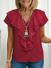 Χαμηλού Κόστους Επίσημες Μπλούζες-Γυναικεία Πουκάμισο Μπλούζα Με Βολάν Σκέτο Ενεργό Στυλάτο Αμάνικο Λαιμόκοψη V Κανονικά μπλουζάκια Καθημερινά ΕΞΩΤΕΡΙΚΟΥ ΧΩΡΟΥ Αργίες Μαύρο Λευκό Κρασί Σκούρο πράσινο Σκούρο μπλε Καλοκαίρι Άνοιξη