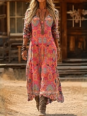  女性用 マキシドレス サンドレス サマードレス 旅行度假风 カジュアル ボヘミアン 日常 ルーズフィット グラフィック カラーブロック エスニック 長袖 Ｖネック ピンク オレンジ グリーン ライトオレンジ 夏 春