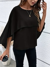 baratos Blusas Simples-Mulheres Blusa Franzido Côr Sólida à moda Básico Casual Manga 3/4 Gola Redonda Tops regulares Diário Azul Preto Rosa Vermelho Camelo Verão Primavera Outono