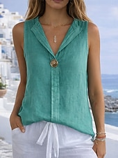 economico Camicie-Per donna Camicia in cotone e lino Maglietta Bottoni Semplice Moda Elegante Classico Senza Maniche Colletto a Camicia Top Regolari Quotidiano Uscire Weekend Bianco Blu marino Verde Cachi Estate