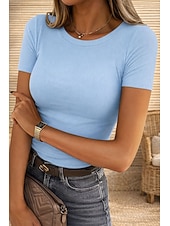 cheap Plain tee-Women's Blouse Solid Color Vintage Stylish Basic Short Sleeve Round Neck Regular Tops Daily Blue Black White Pink Purple Summer Spring