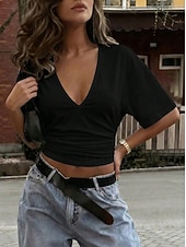 preiswerte Einfarbiges T-Shirt-Damen 100% Baumwolle Sommeroberteile Vintage Stilvoll Kurzarm V Ausschnitt Crop Tops Lässig Schwarz Weiß Sommer Frühling