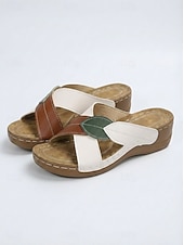 billiga Slide Sandaler-kvinnors flerfärgade blad patchwork-sandaler - bekväma tofflor med öppen tå för vardags- och utomhuskläder