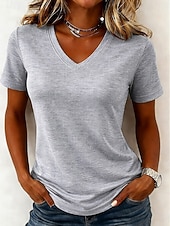 abordables T-shirt uni-Femmes T-shirt Couleur Unie Élégant Basique Manche Courte Col en V Hauts Réguliers Occasionnel Sports Week-end Noir Vert Claire Rose Claire Violet Claire Gris Clair Été Printemps