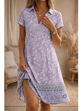 cheap Boho Dress-Women's Knee Length Dress A Line Dress Vacation Casual Boho Beach Regular Fit Floral Graphic Short Sleeve V Neck Blue Pink Purple Green Summer Spring