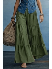 cheap Wide Leg &amp; High Waisted-Women's Trousers Casual Pants Skort Baggy Pants Vacation Streetwear Basic Full Length Medium Waist Solid Color Plain Elastic Waist Comfort Breathable Inelastic Daily Outdoor Streetwear Black Green