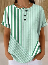 voordelige Stripe &amp; Geometrische t-shirt-Dames Wafel T Shirt Print Graphic Gestreept Vintage Stijlvol Klassiek Korte Mouw Crew Hals Reguliere Tops Dagelijks Blauw Paars Groen Khaki Zomer Lente