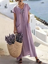 abordables Robe blanche-Femmes Robe maxi Robe trapèze Robe d'été Occasionnel Quotidien Coupe Ample Uni Manche Courte Col en V Bleu Ciel Violet Claire Vert Gris Été Printemps
