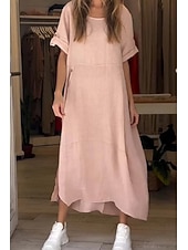 cheap Plain Dress-Women's Midi Dress Shift Dress Casual Dress Summer Dress Basic Classic Daily Vacation Loose Fit Plain Short Sleeve Crew Neck Pink Red Green Apricot Summer Spring