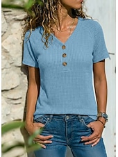 abordables Camiseta lisa-Mujer Camiseta Tops de punto gofre Camiseta superior Botones Color sólido Moda Elegante Clásico Manga Corta Escote en Pico Tops largos Diario Noche Fin de semana Azul Piscina Amarillo Rosa Verde
