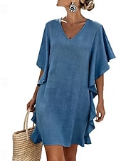 preiswerte Lässige Blumenkleider-Damen Knielanges Kleid Shiftkleid Freizeitkleid Jeanskleid Mode Klassisch Täglich Outdoor Urlaub Lässiger Schnitt Einfach Kurzarm V Ausschnitt Magenta Schwarz Braun Khaki Sommer Frühling