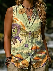 preiswerte Grafiktank-Damen Hemd Weste aus Baumwollleinen Leinenweste Knöpfe Druck Blumen Grafik Tiermotiv Vintage Stilvoll Modern Ärmellos Stehkragen Lange Oberteile Lässig Täglich Gelb Grün Sommer Frühling
