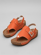 abordables Sandalias Planas-Sandalias de cuña para mujer con hebilla de pedrería naranja, sandalias de verano con tira ajustable, calzado casual cómodo de punta abierta para uso diario y viajes. &amp;paseo por el jardín