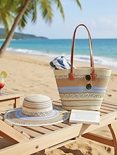 cheap Vacation &amp; Travel Bags-Women's Bohemian Striped Straw Tote Bag and Sun Hat Set, Boho Ethnic Woven Beach Vacation Handbag Set in Multiple Colors for Resort Travel, Casual Summer Outfits and Everyday Wear
