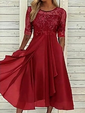 preiswerte Chiffonkleider-Damen Midikleid Spitzenkleid Cocktailkleid Kleid für Hochzeitsgäste Chiffonkleid Elegant Formell Party Hochzeit Normale Passform Halbarm Rundhalsausschnitt Blau Rosa Wein Dunkelgrün Sommer